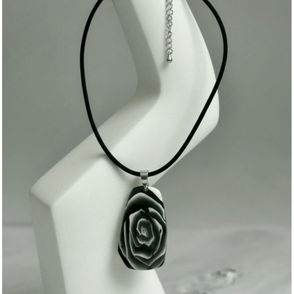 Handmade Black Rose Floral Polymer Clay Pendant Necklace Botanical Statement